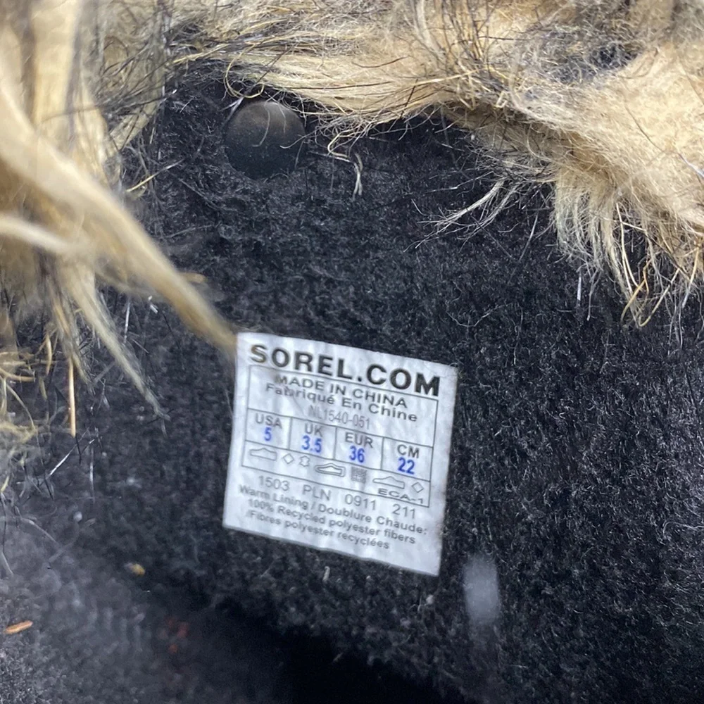SOREL JOAN OF ARCTIC SNOW BOOTS FAUX FUR WATERPROOF BLACK & TAUPE WOMEN’S SZ 5
